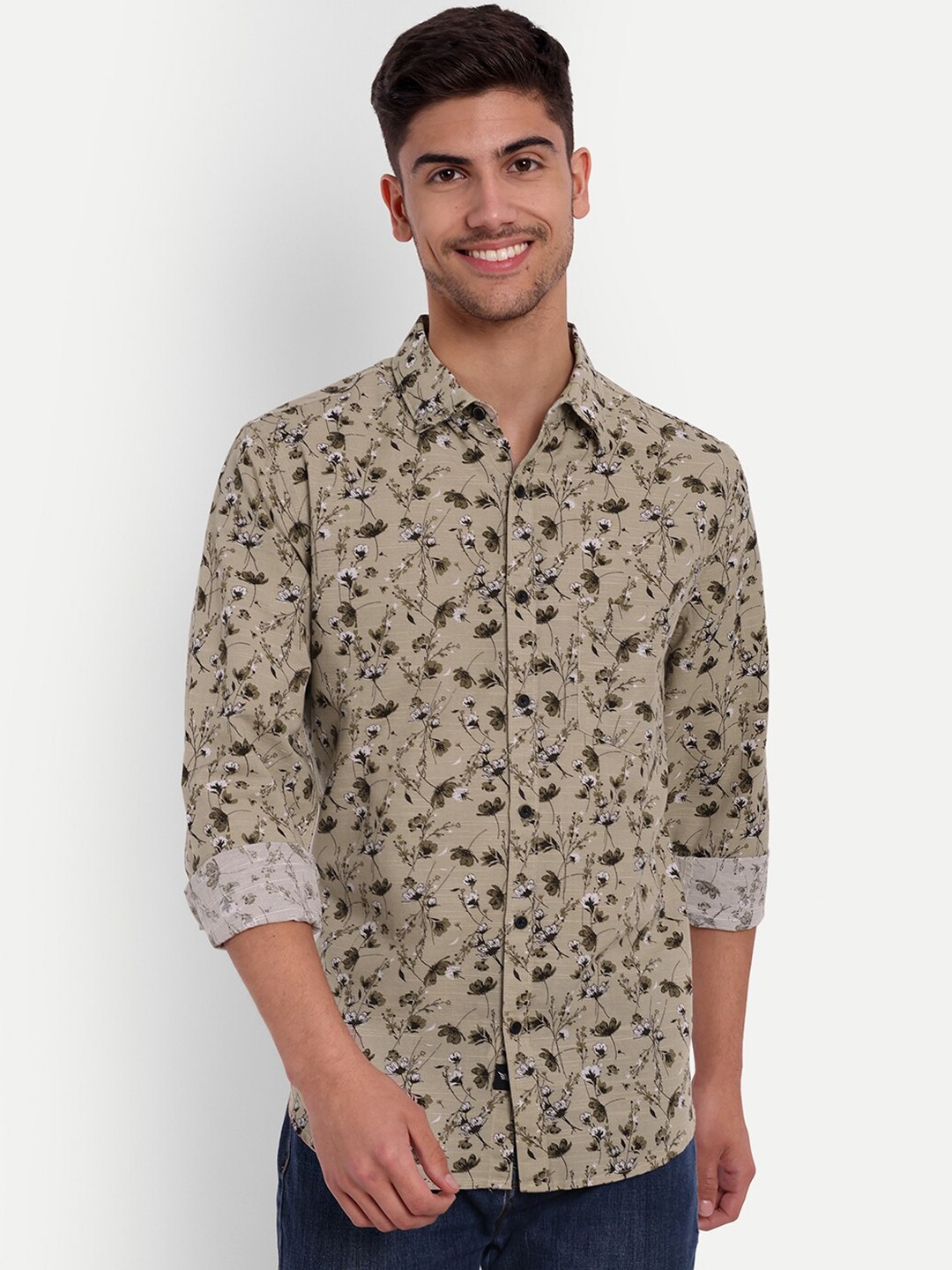 

VALEN CLUB Slim Fit Floral Printed Pure Cotton Casual Shirt, Olive