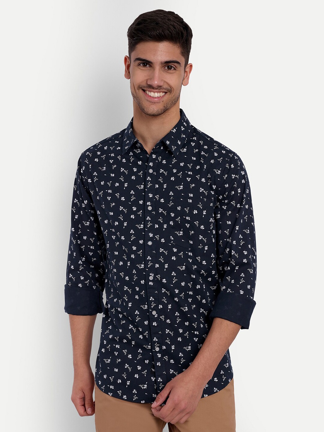 

VALEN CLUB Slim Fit Floral Printed Pure Cotton Shirt, Navy blue