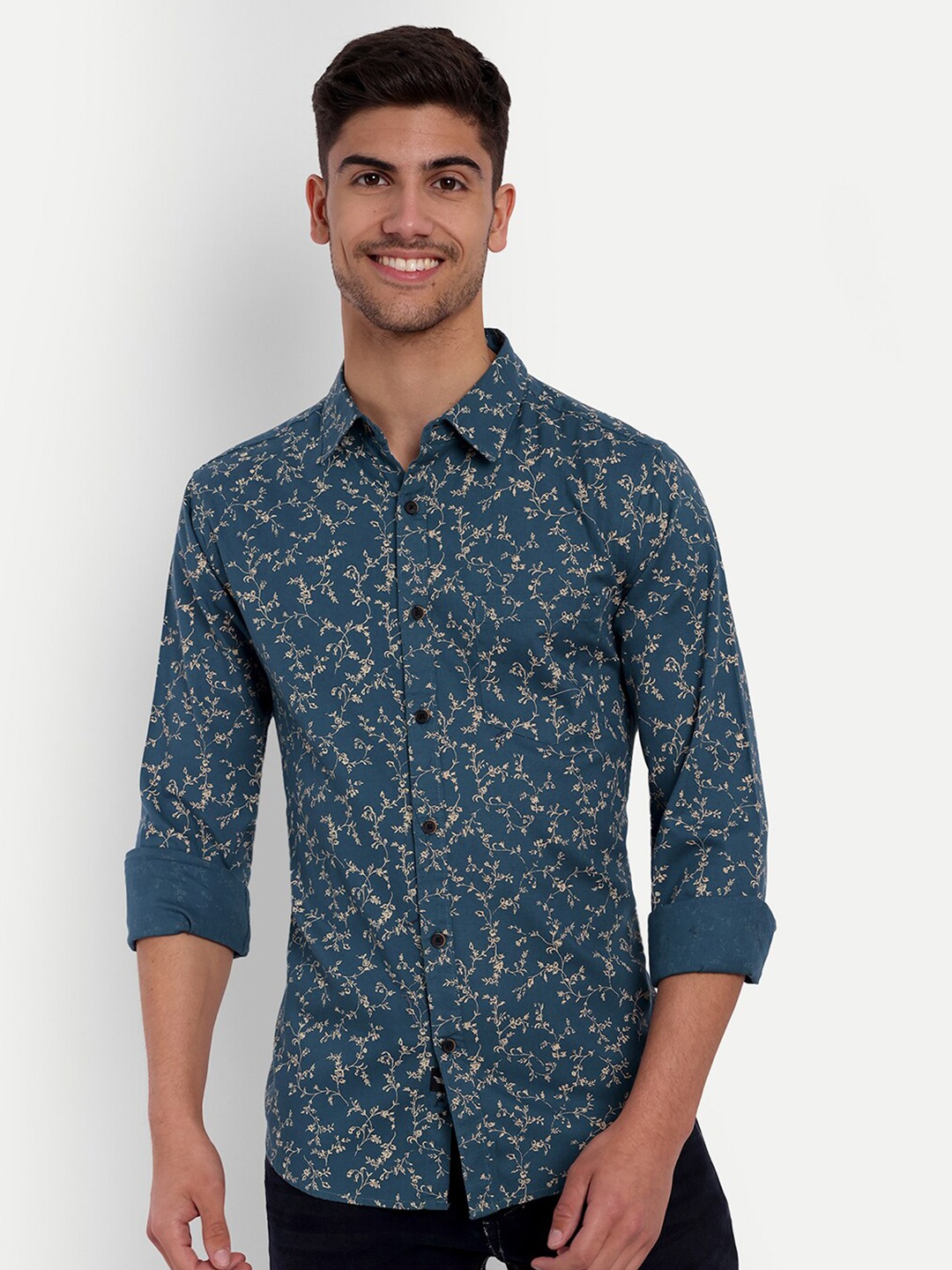 

VALEN CLUB Slim Fit Floral Printed Pure Cotton Casual Shirt, Blue