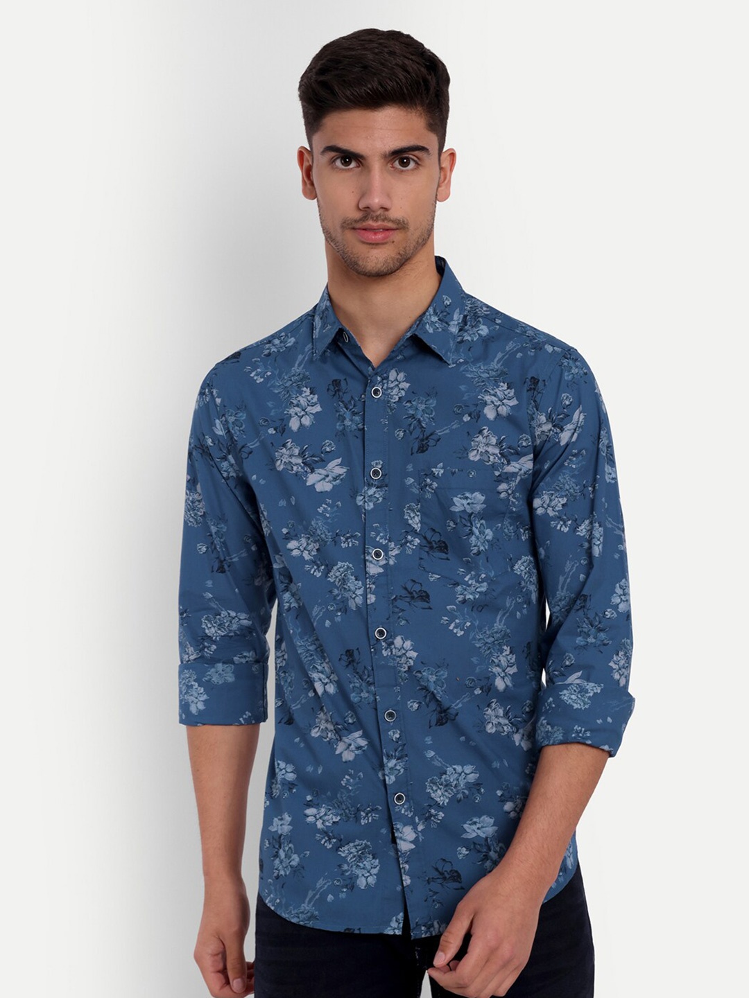 VALEN CLUB Slim Fit Floral Printed Pure Cotton Casual Shirt, Blue