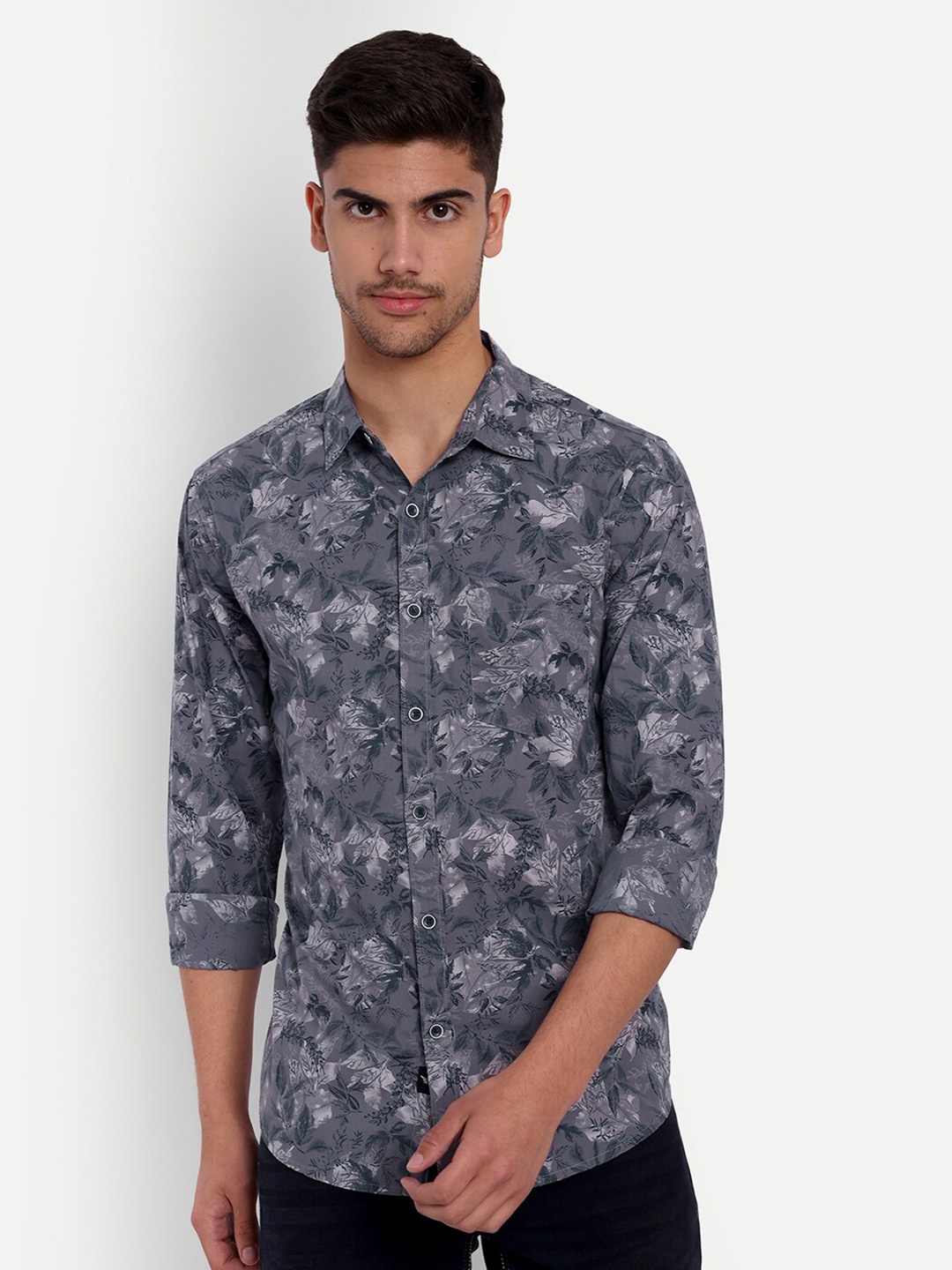 

VALEN CLUB Slim Fit Floral Printed Pure Cotton Casual Shirt, Grey