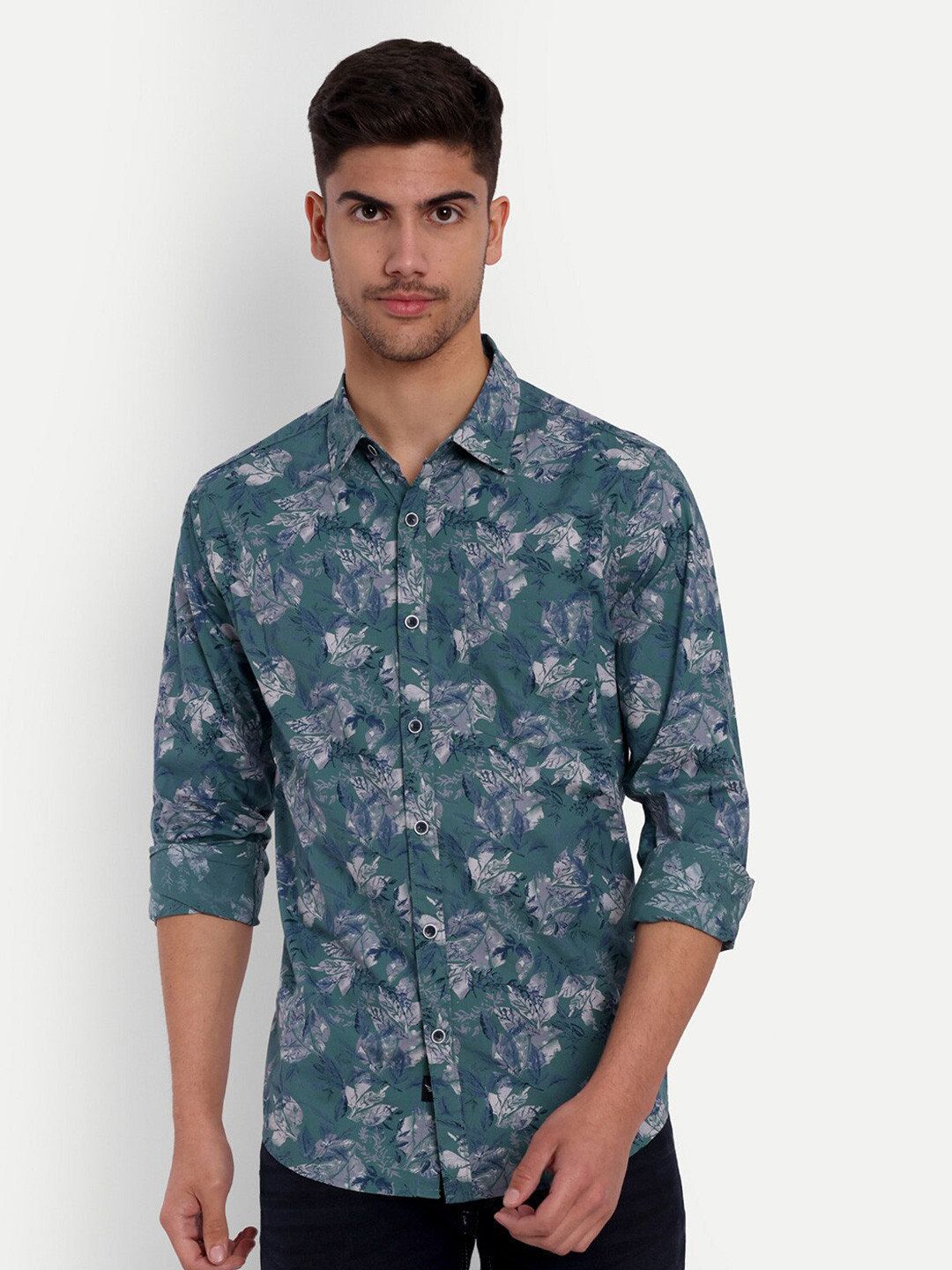 

VALEN CLUB Slim Fit Floral Printed Pure Cotton Casual Shirt, Green