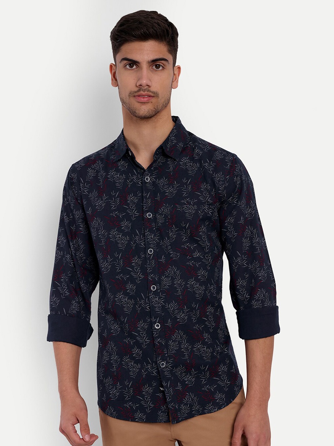 

VALEN CLUB Slim Fit Opaque Printed Pure Cotton Casual Shirt, Navy blue