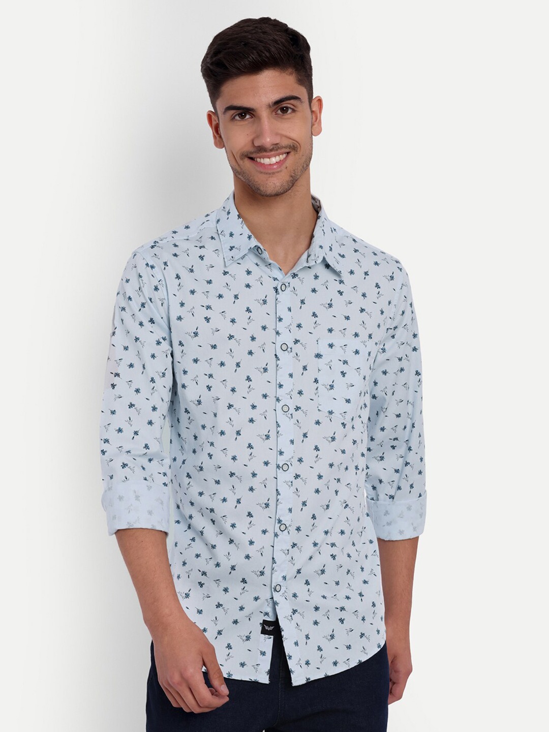 VALEN CLUB Slim Fit Floral Printed Pure Cotton Casual Shirt, Blue