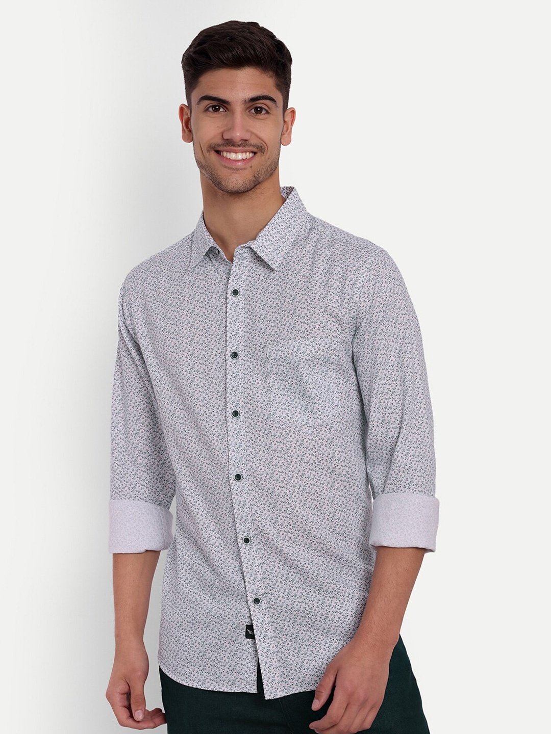 VALEN CLUB Slim Fit Opaque Printed Pure Cotton Casual Shirt, White
