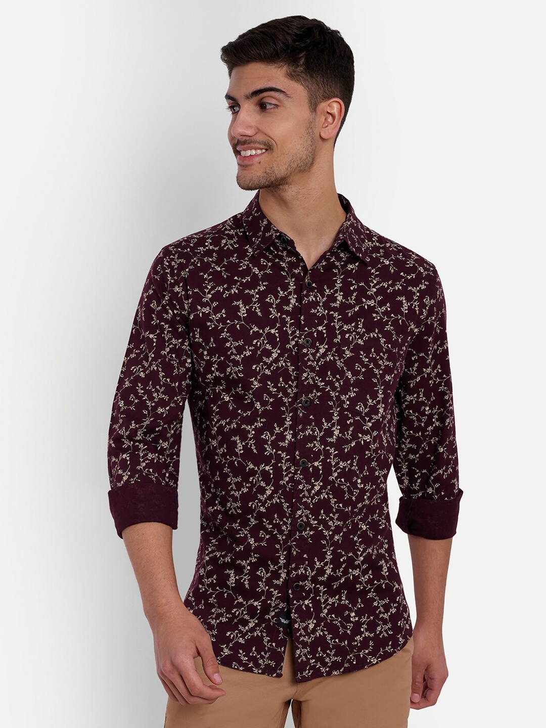 

VALEN CLUB Slim Fit Floral Printed Pure Cotton Casual Shirt, Maroon