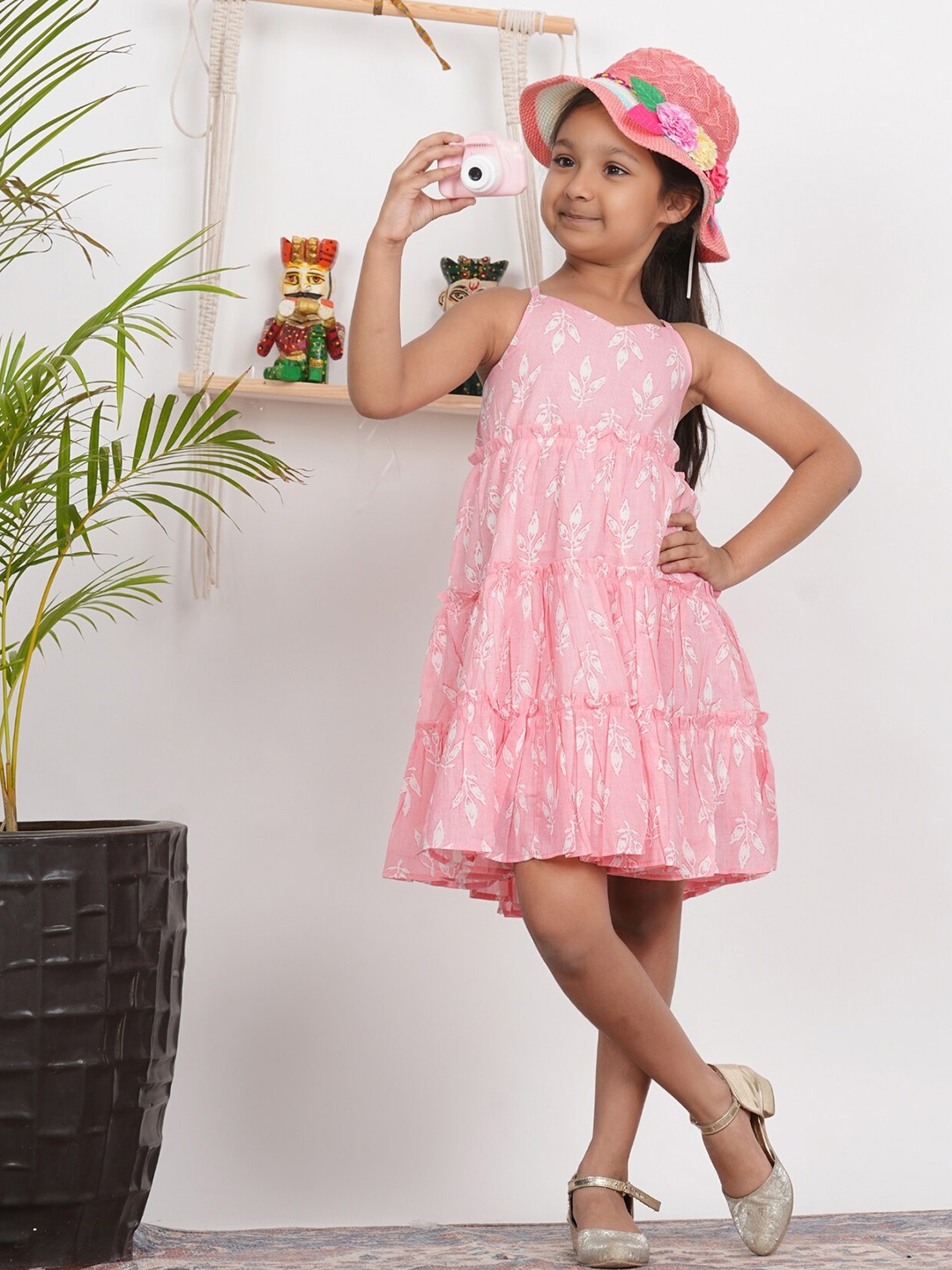 

LIVING ROOTS Girls Floral Printed Gathered Cotton Tiered A- line Dress, Pink