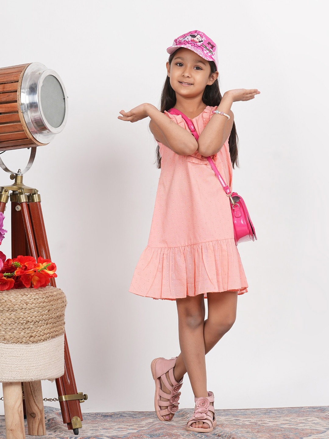 

LIVING ROOTS Girls Cotton Self Design Round Neck A-Line Dress, Peach