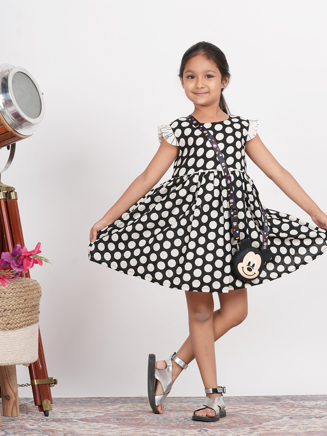 

LIVING ROOTS Cotton Polka Dot Printed Bow Detailed Fit &Flare Dress, Black