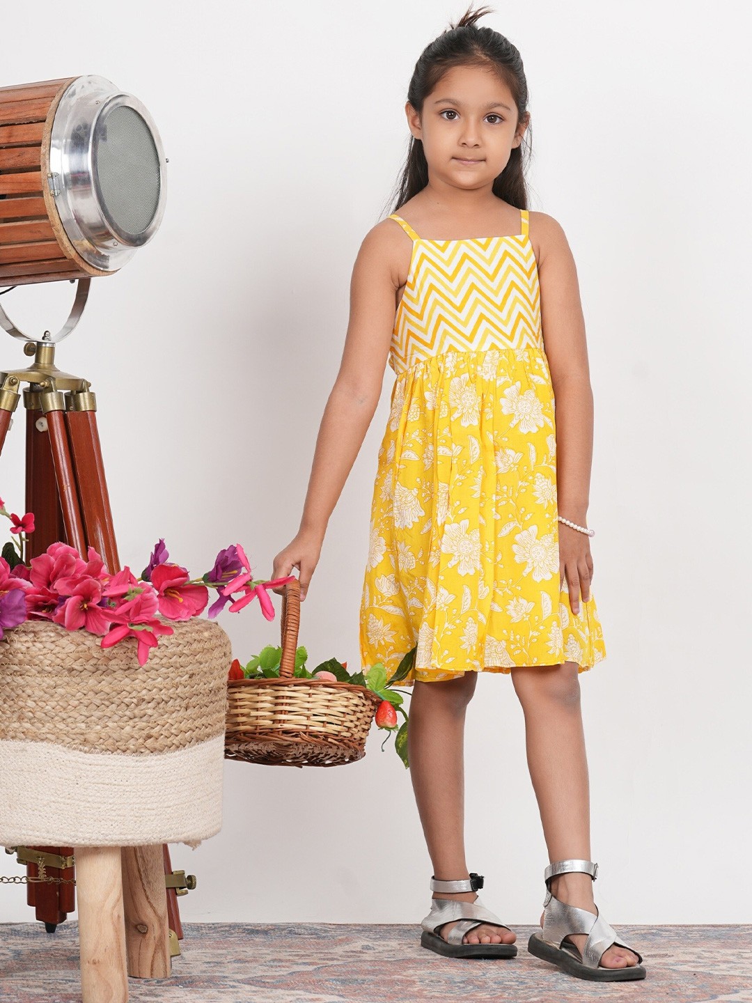 

LIVING ROOTS Girls Chevron and Floral Printed Cotton A-line Dress, Yellow