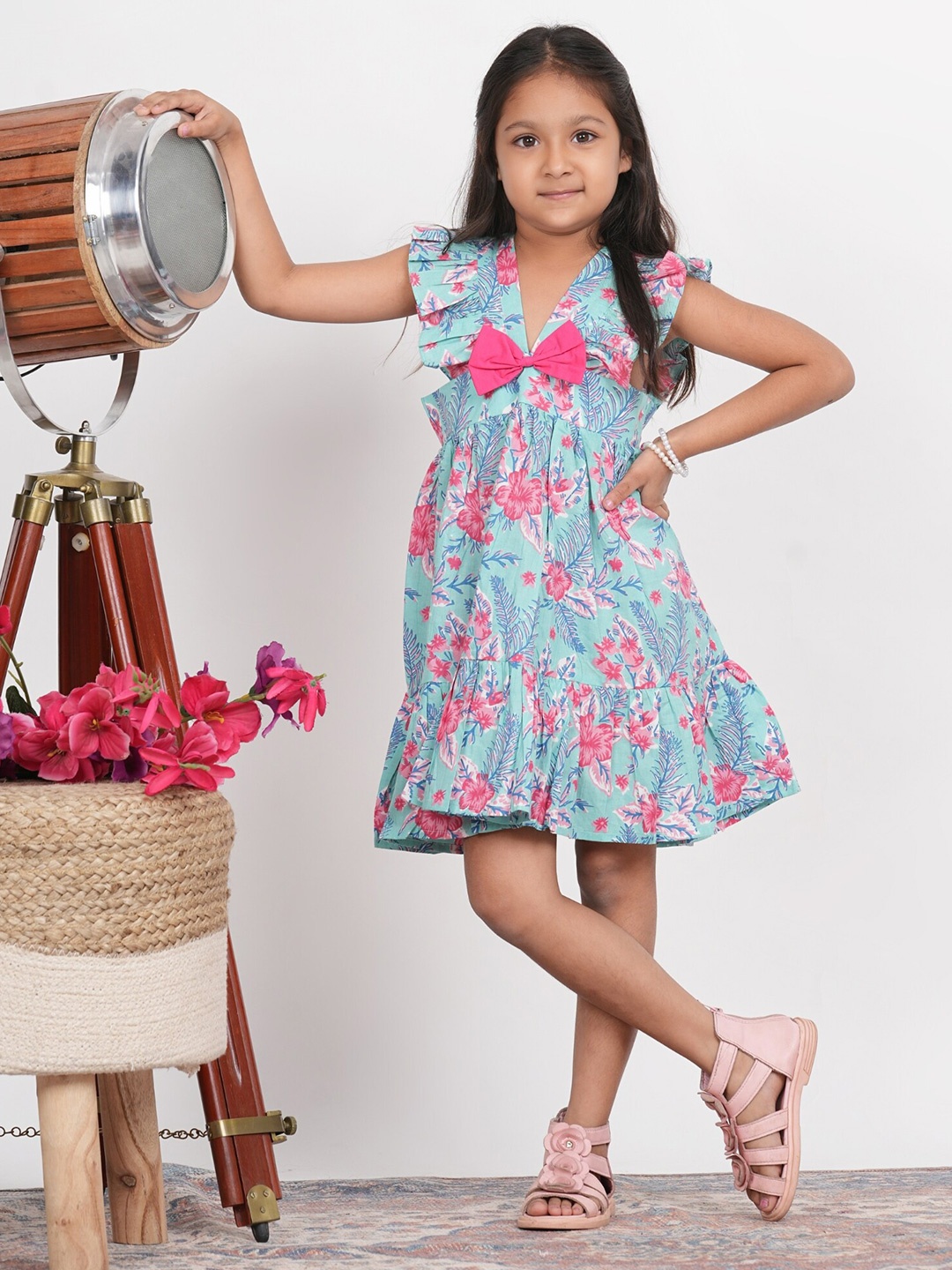 

LIVING ROOTS Kids Girls Pure Cotton Floral Printed A-Line Dress, Blue