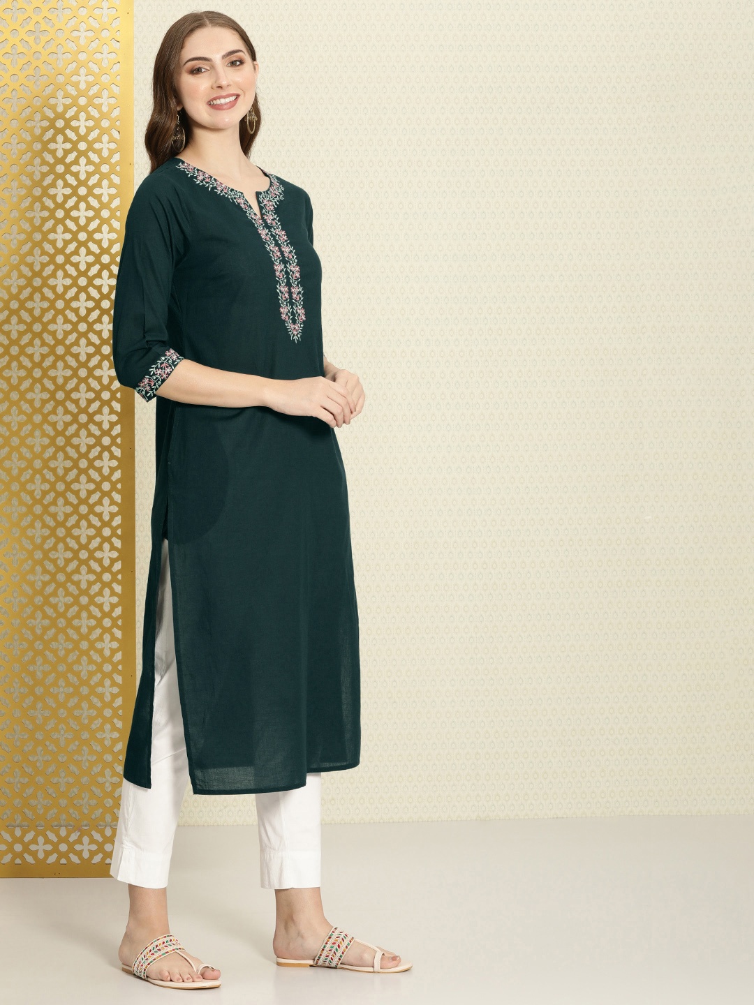 

House of Pataudi Rozana Floral Yoke Design Pure Cotton Kurta, Teal
