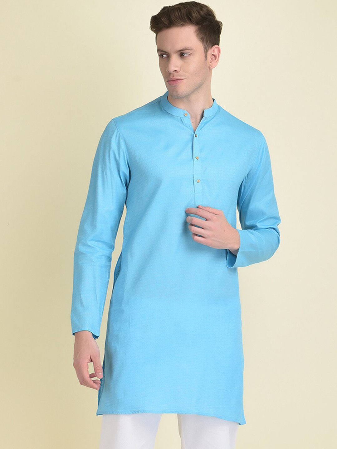 

DEYANN Geometric Woven Design Mandarin Collar Straight Kurta With Pyjamas, Blue