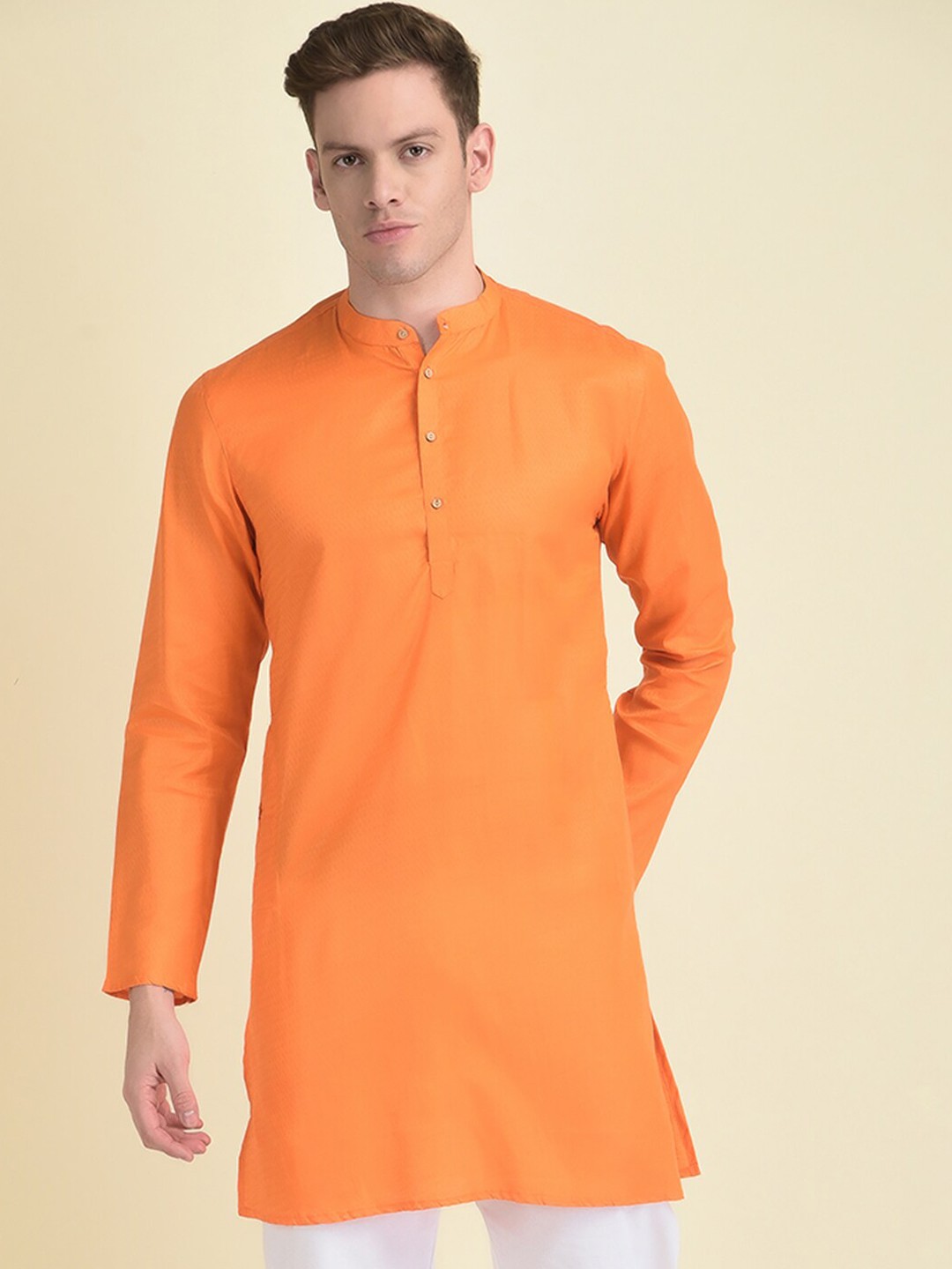 

DEYANN Geometric Woven Design Mandarin Collar Straight Kurta With Pyjamas, Orange