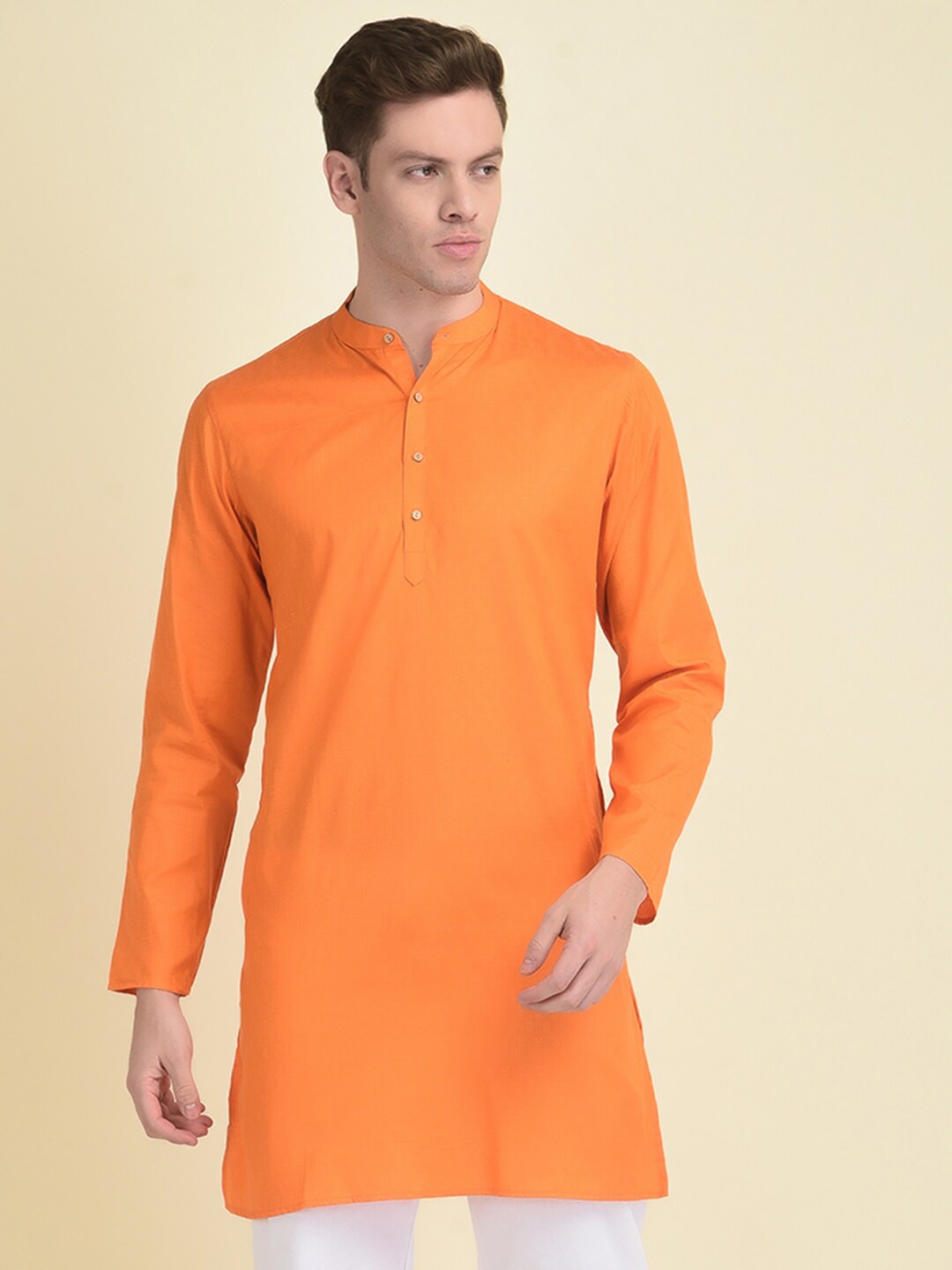 

DEYANN Woven Design Mandarin Collar Straight Kurta With Pyjamas, Orange