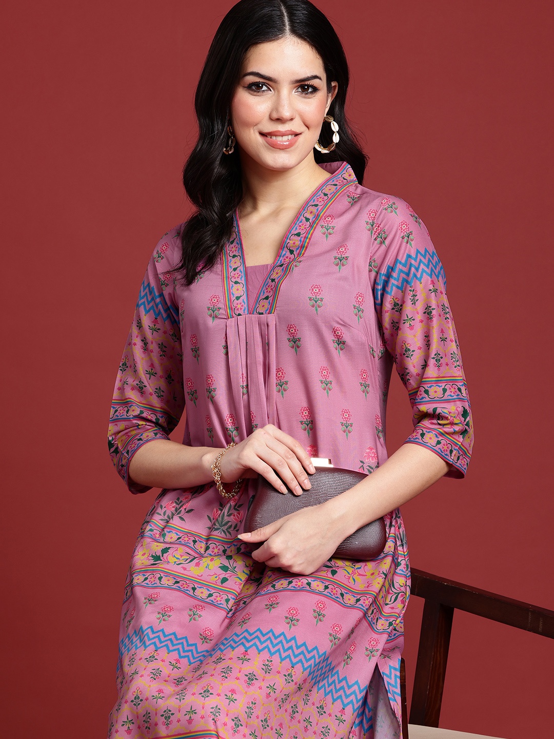 

Anouk Ethnic Motifs Printed A-Line Kurta, Pink
