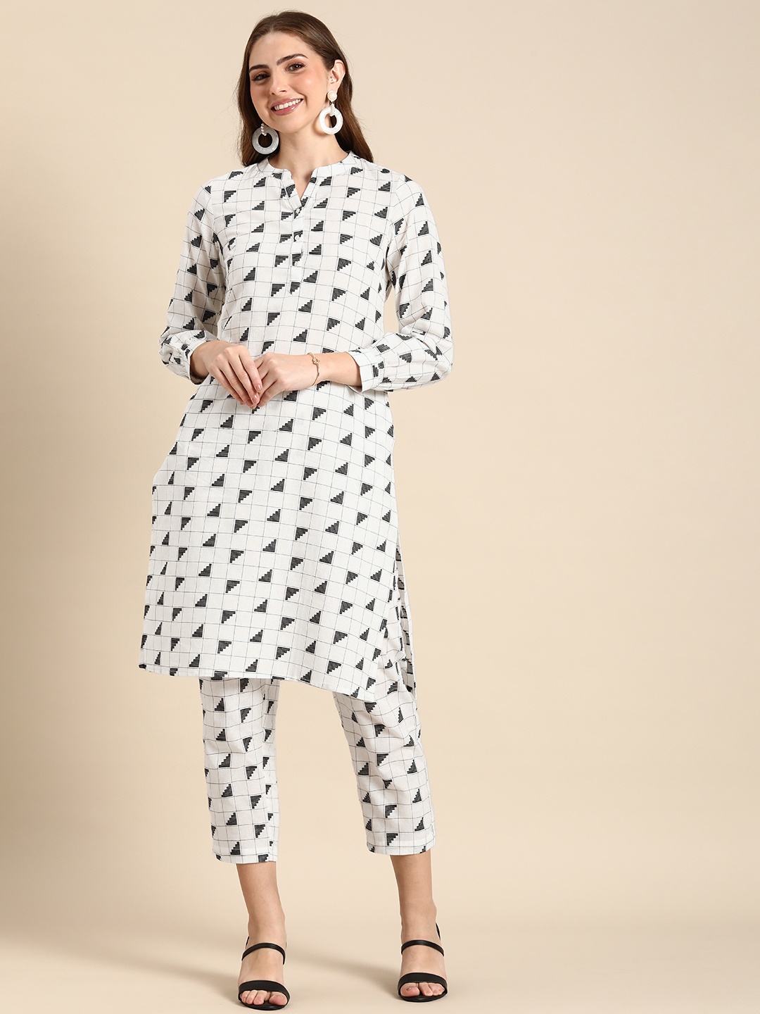 

Anouk Women Pure Cotton Self Design Checked Kurta With Trousers, White