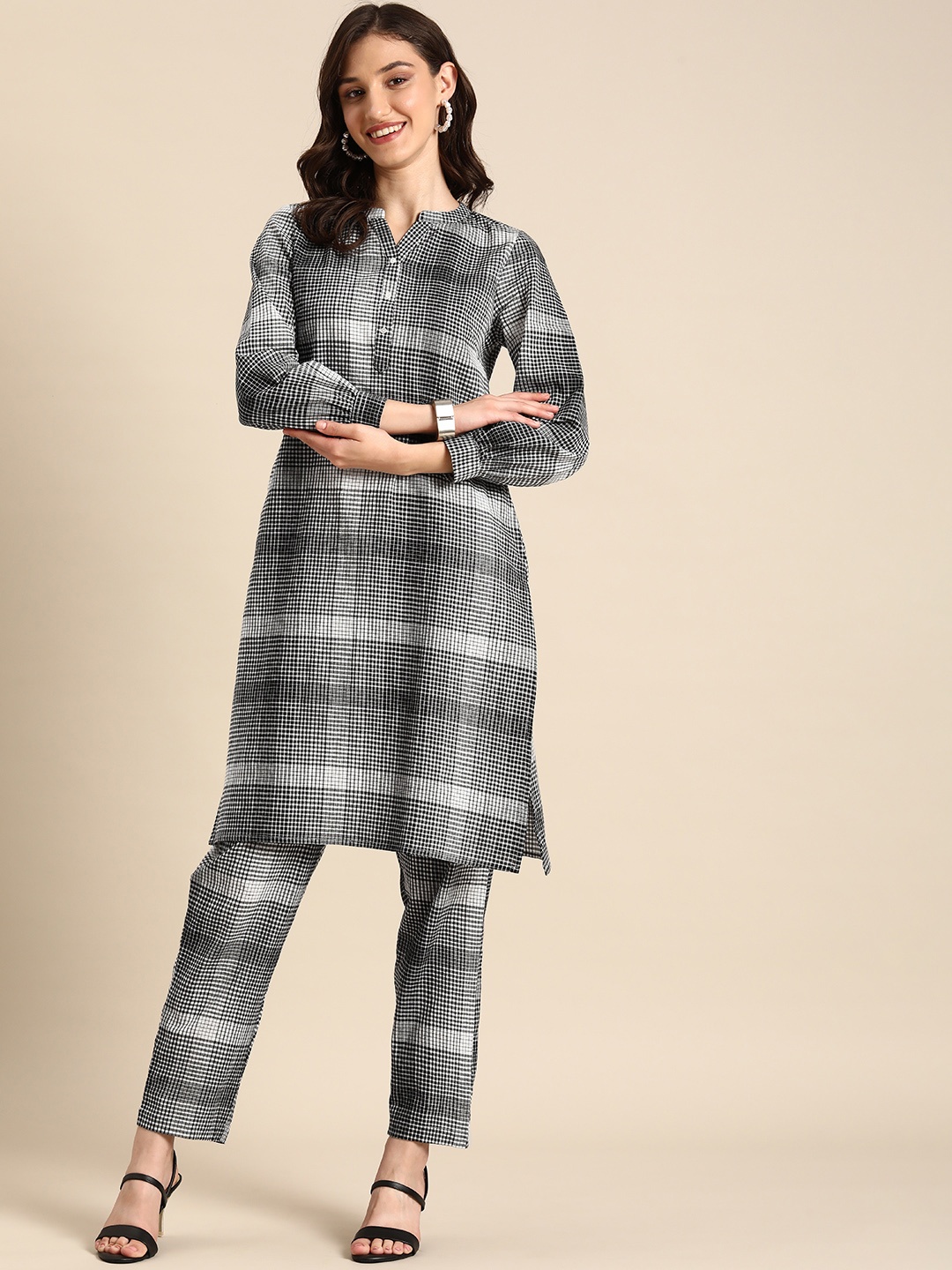 

Anouk Women Checked Pure Cotton Kurta & Trousers, Black