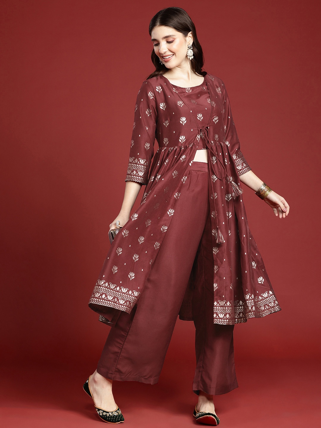 

Anouk Women Ethnic Motifs Printed Crop Top With Trousers & Jacket, Maroon