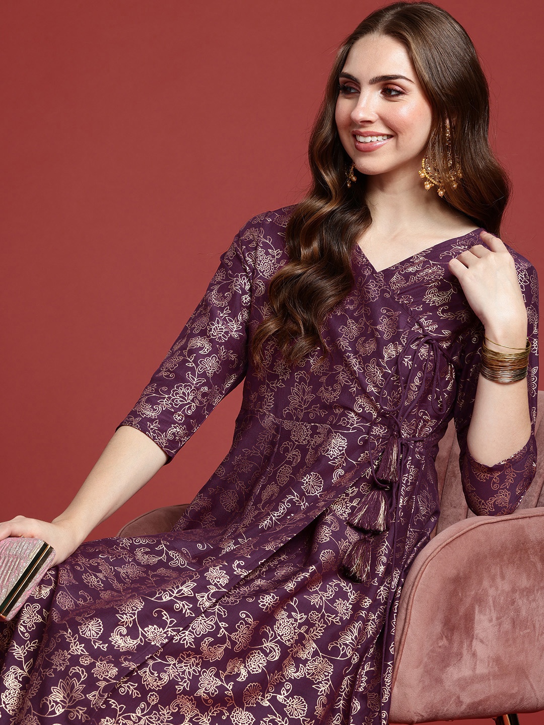 

Anouk Women Foil Printed Angrakha Kurta With Trousers, Purple