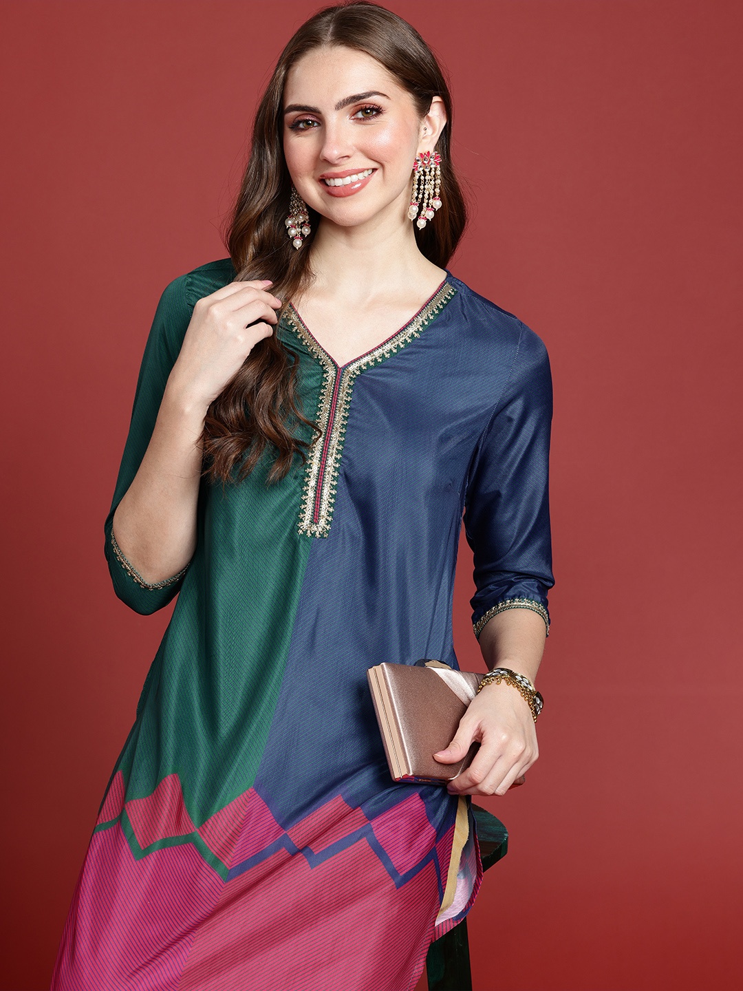 

Anouk Zari Detail Striped Regular Straight Kurta, Navy blue