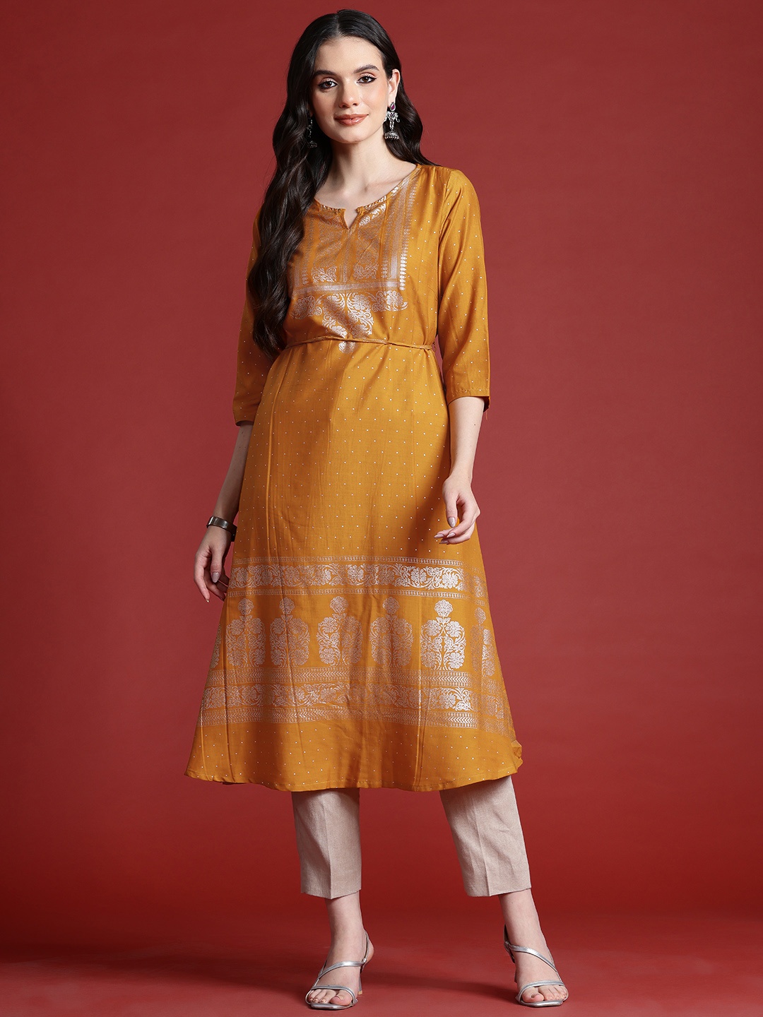 

Anouk Ethnic Printed Waist Tie-Up Kurta, Mustard