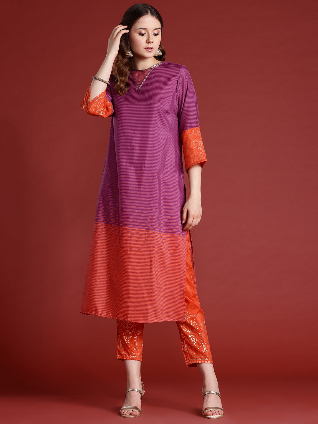 

Anouk Pin-Striped Sequin Detail Kurta Set, Magenta