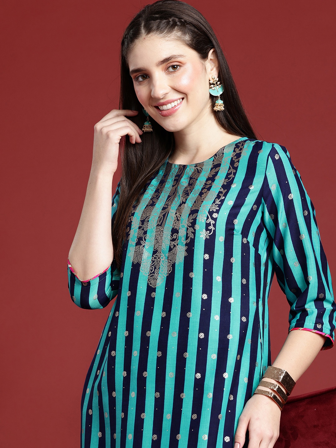 

Anouk Striped Kurta with Palazzos & Dupatta, Navy blue