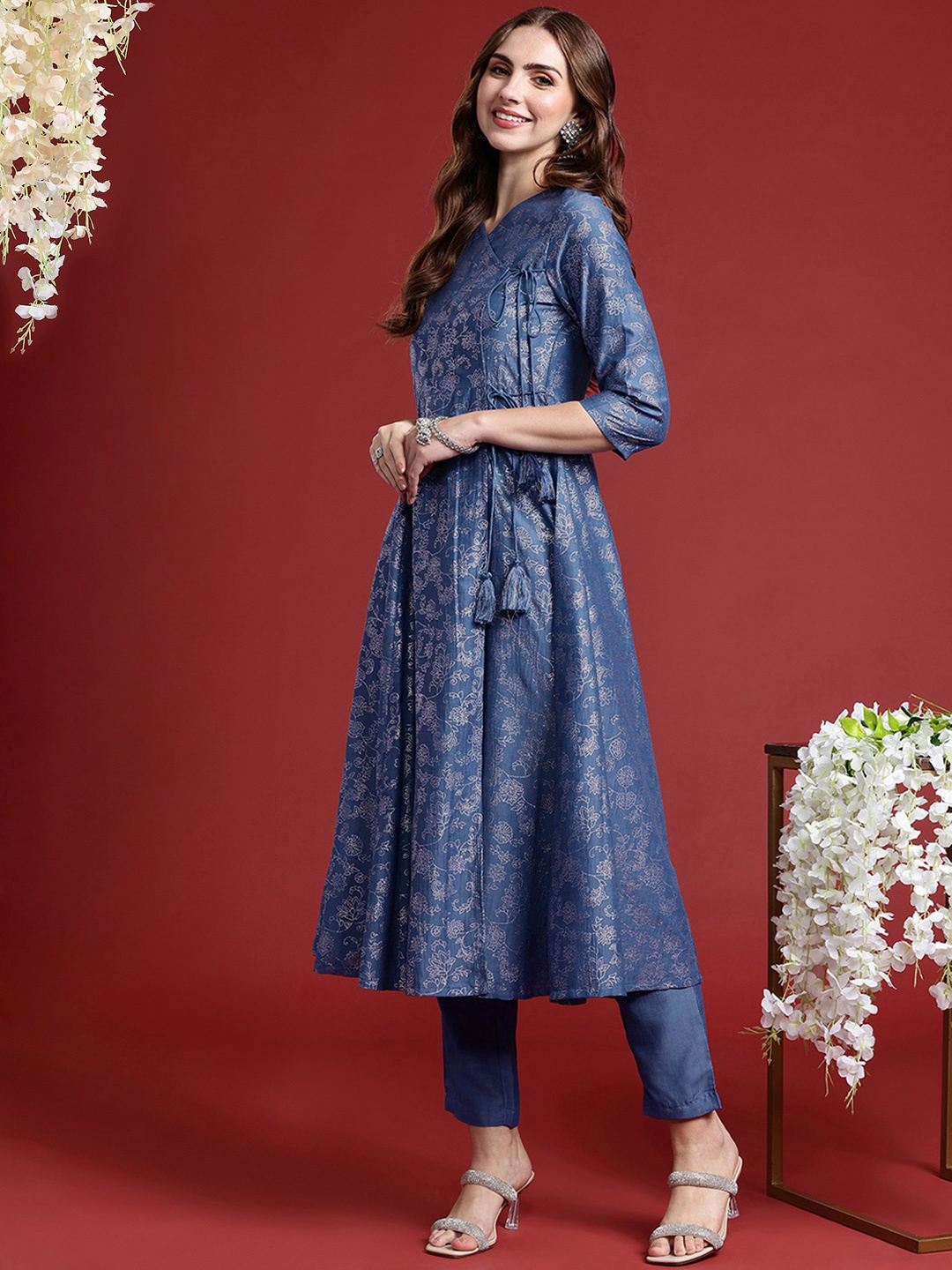 

Anouk Ethnic Motifs Printed Angrakha Kurta With Trousers, Blue