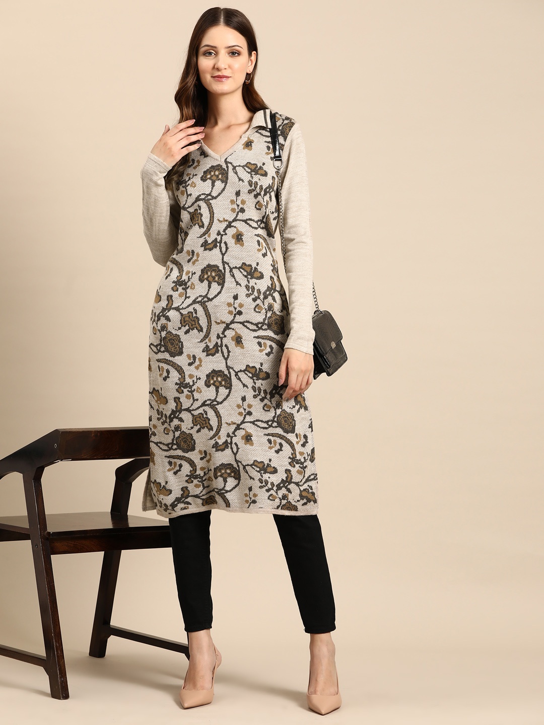 

Anouk Floral Acrylic Winter Kurta, Beige