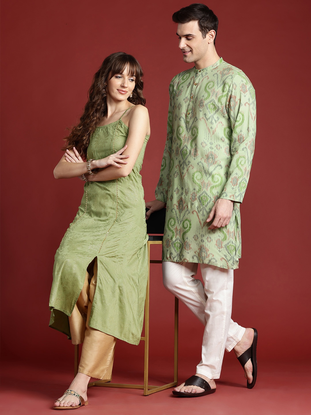 

Anouk Ethnic Motifs Printed Shoulder Straps A-Line Kurta, Green