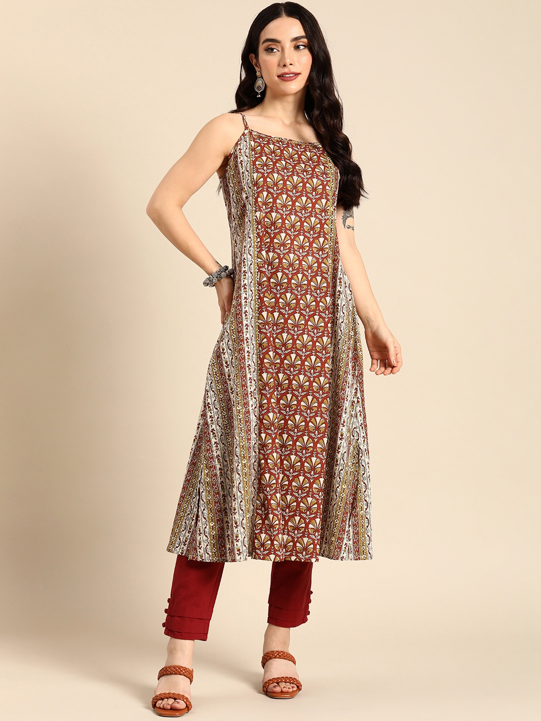 

Anouk Pure Cotton Shoulder Straps Ethnic Motifs Printed A-Line Calf Length Flared Kurta, Maroon