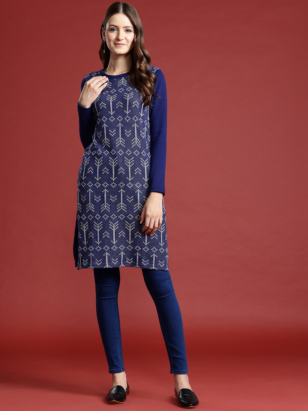 

Anouk Geometric Woven Design Winter Kurta, Blue