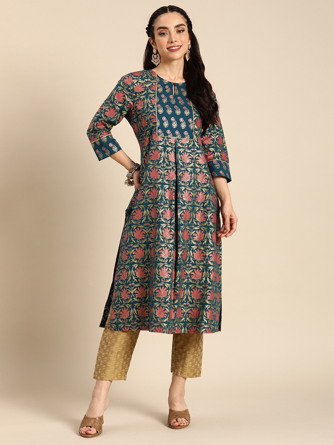 

Anouk Pure Cotton Gotta Patti Keyhole Neck Ethnic Motifs Printed Kurta, Teal