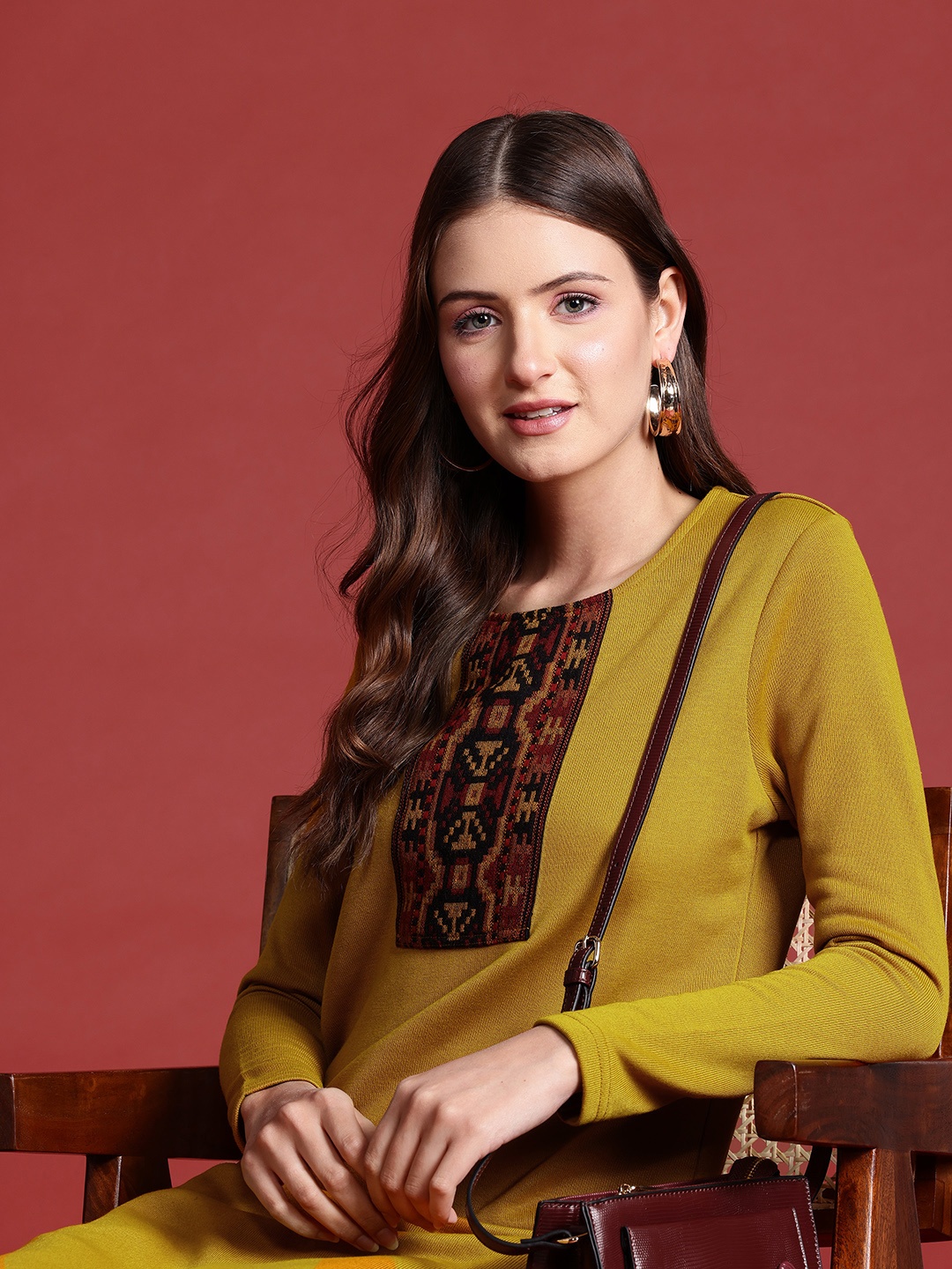 

Anouk Geometric Yoke Woven Design Knitted Winter Kurta, Mustard