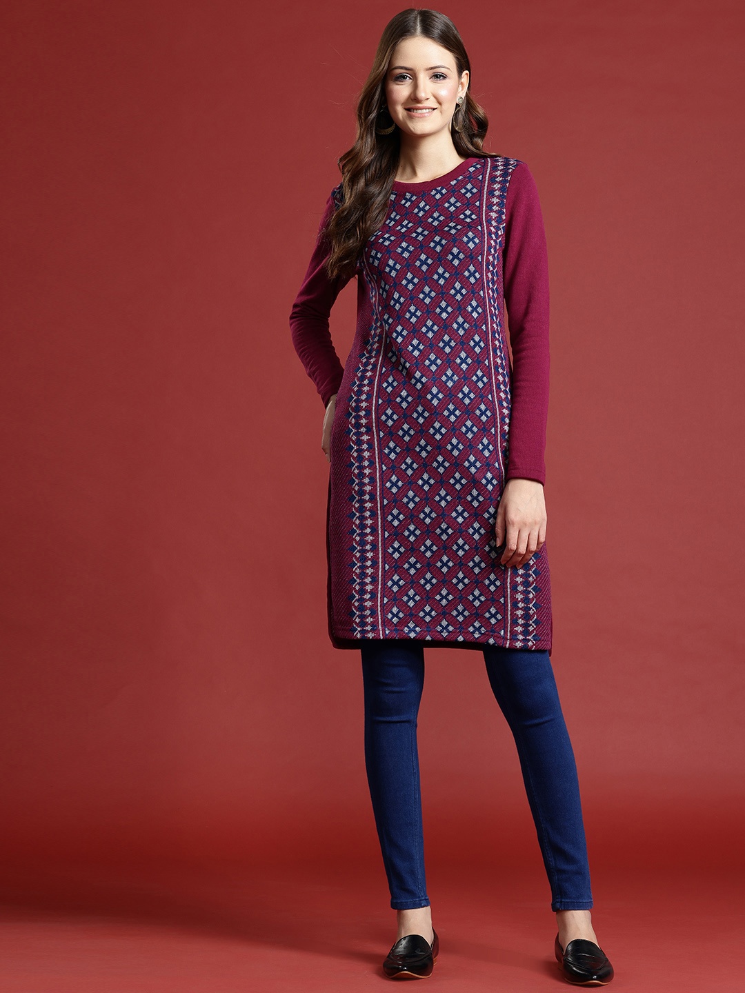 

Anouk Geometric Woven Design Winter Kurta, Magenta