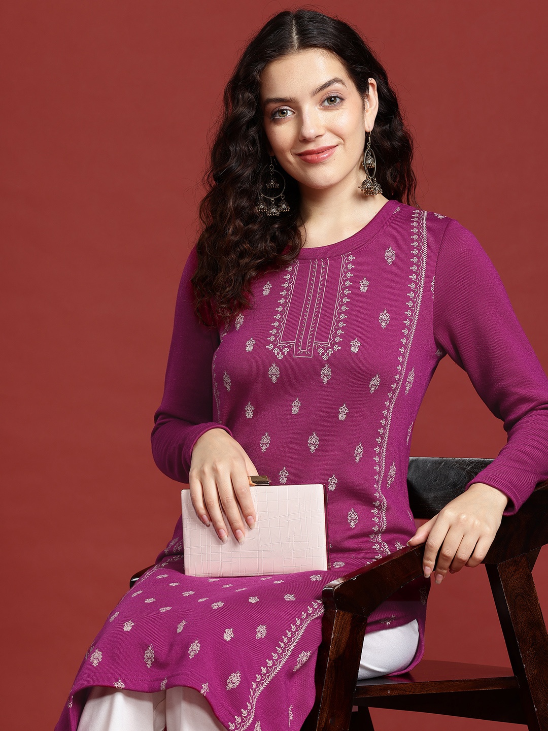 

Anouk Ethnic Motifs Print Knitted Winter Kurta, Magenta