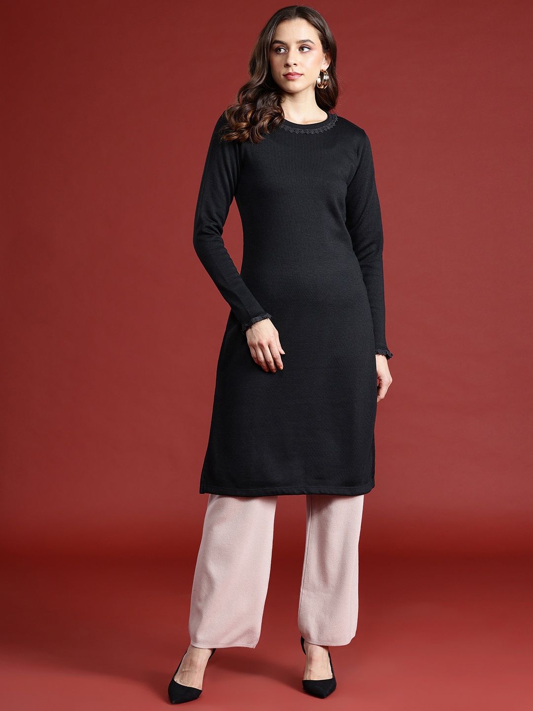

Anouk Lace Inserted Winter Kurta, Black