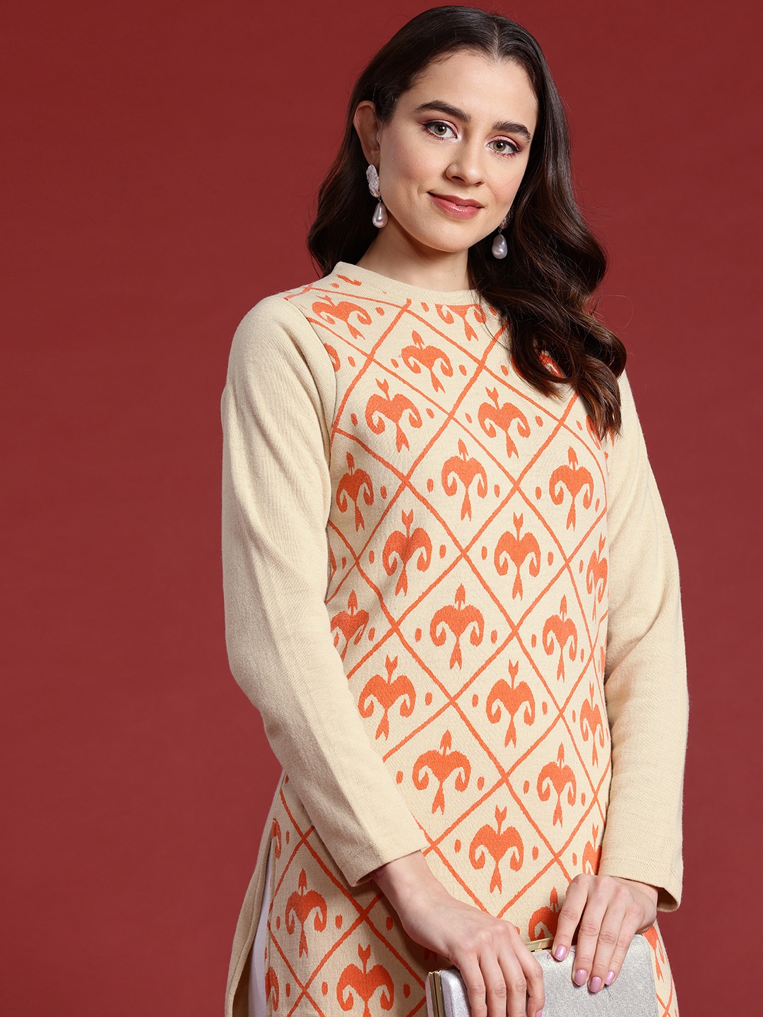 

Anouk Printed Knitted Winter Kurta, Beige