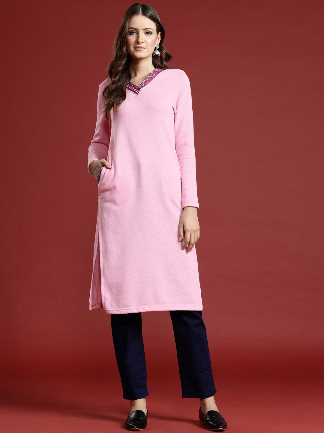 

Anouk Floral Embroidered Yoke Design Winter Kurta, Pink