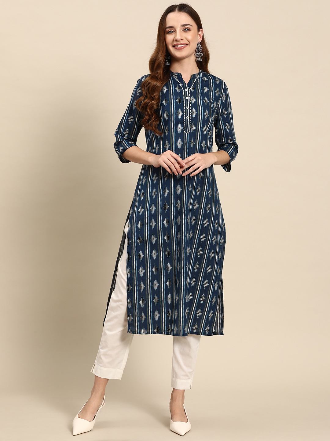 

Anouk Women Pure Cotton Striped Gotta Patti Kurta, Blue