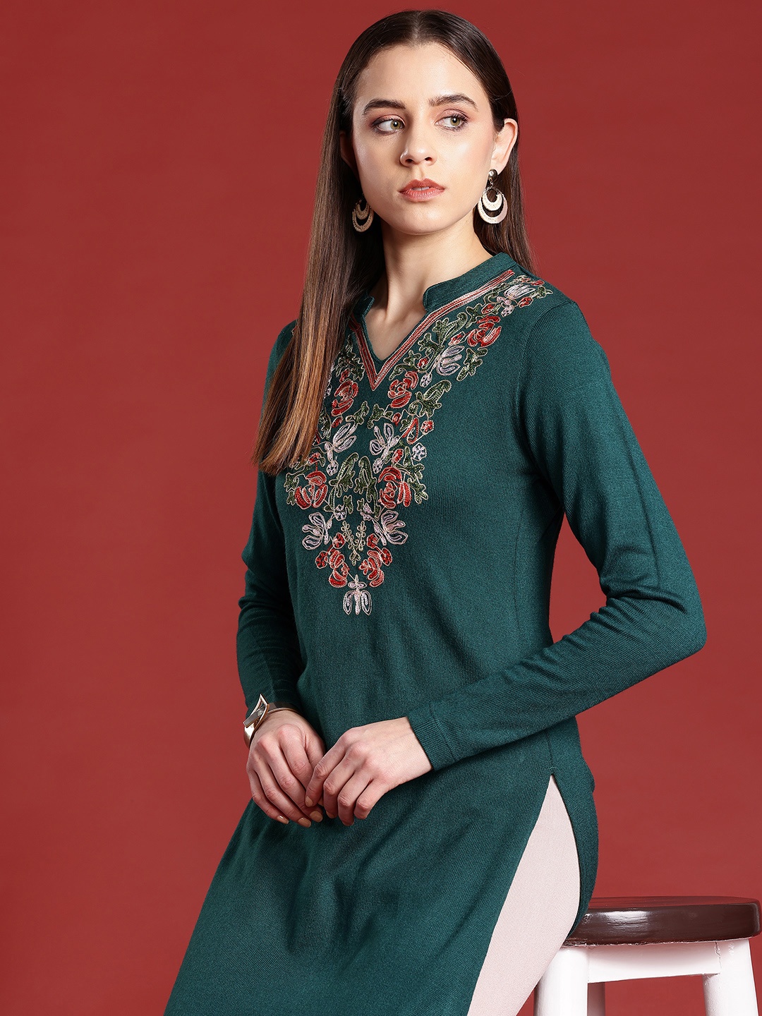 

Anouk Women Ethnic Motifs Embroidered Winter Kurta, Green