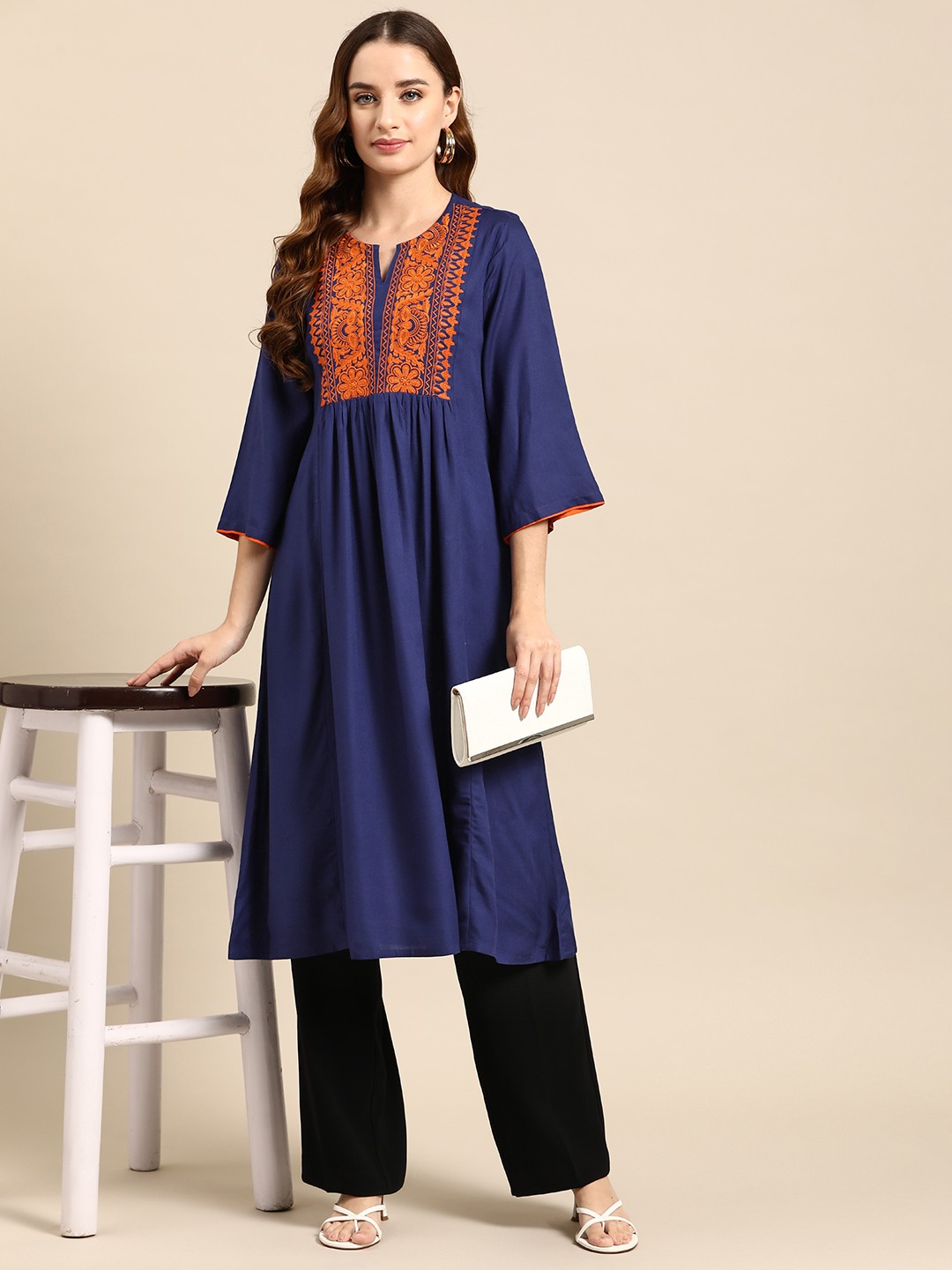 

Anouk Ethnic Motifs Embroidered Yoke Design Kurta, Navy blue