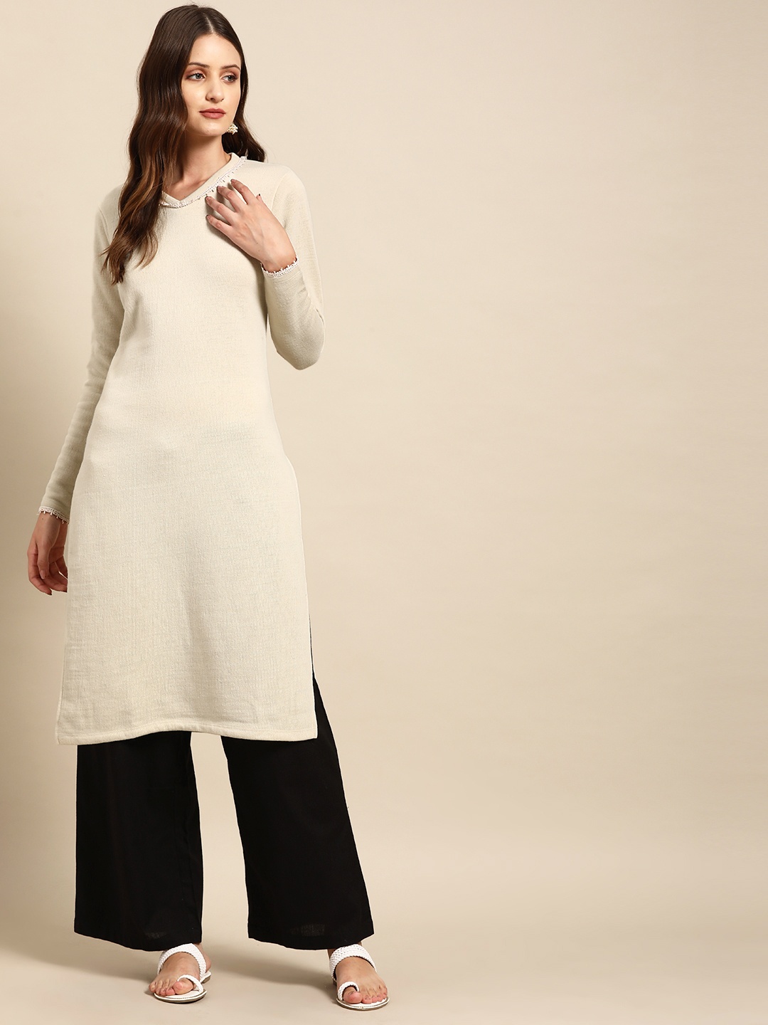 

Anouk Lace Inset Winter Kurta, Beige