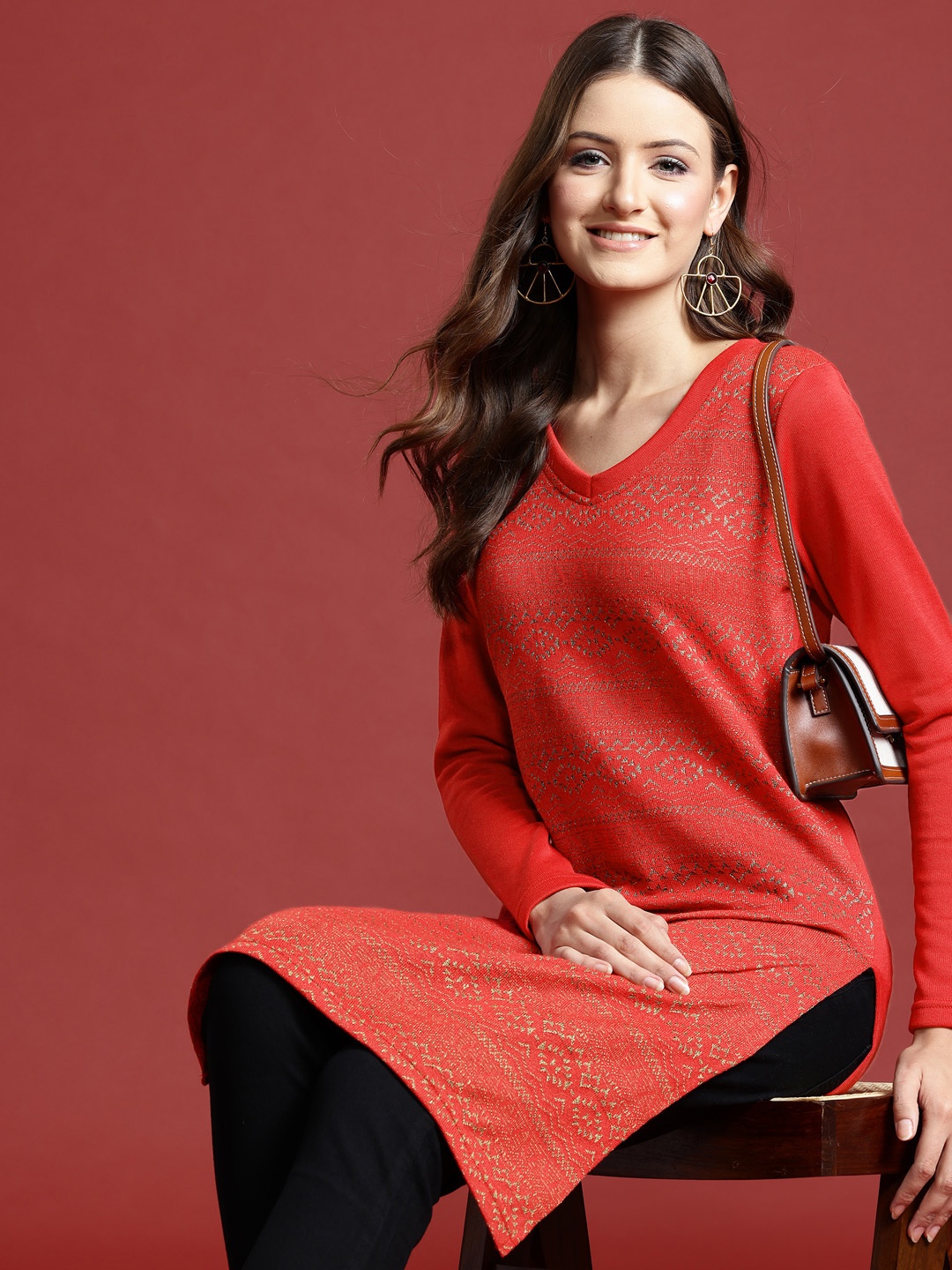 

Anouk Geometric Woven Design Winter Kurta, Red