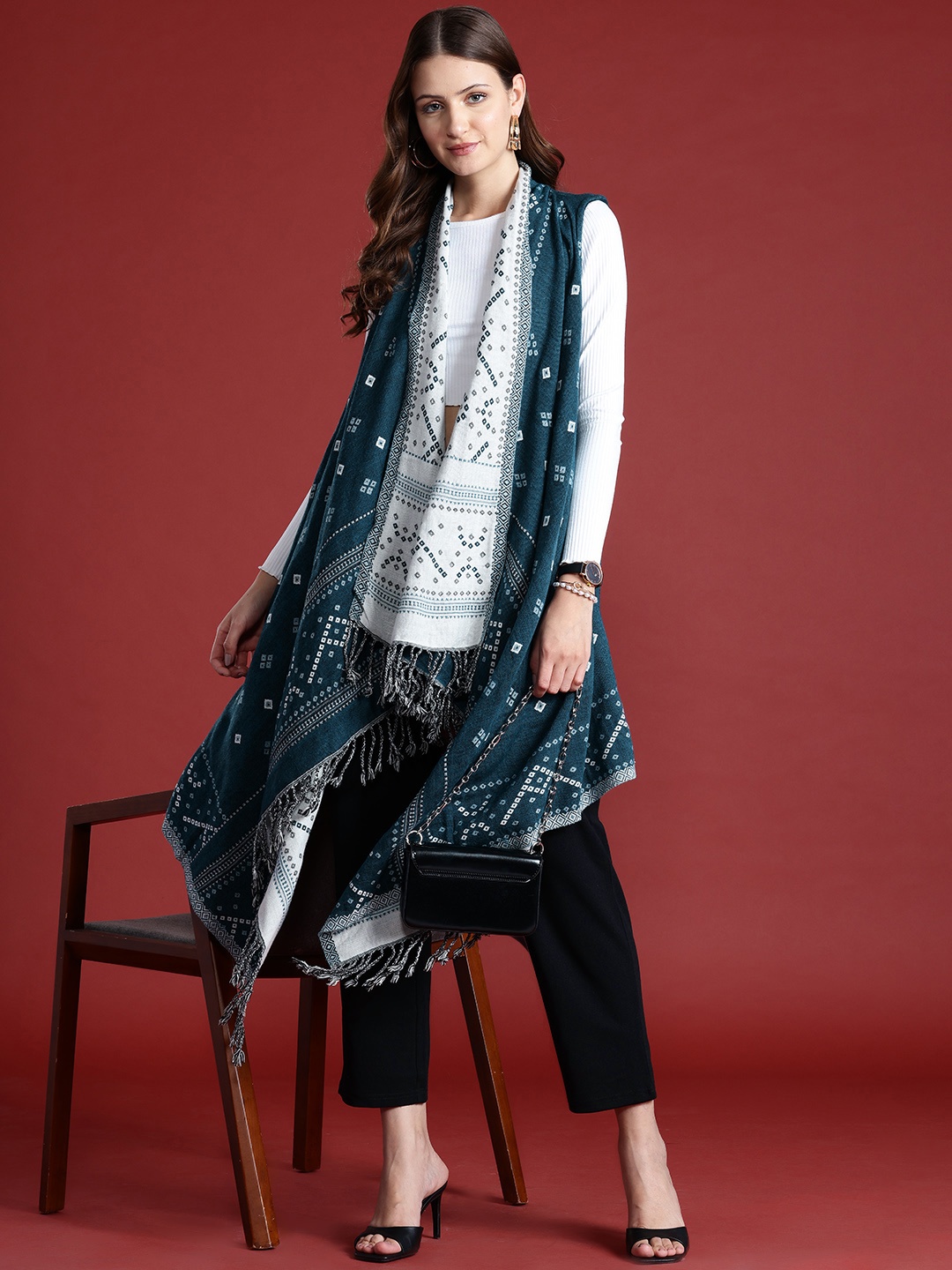 

Anouk Women Woven Design Longline with Fringed Detail, Blue
