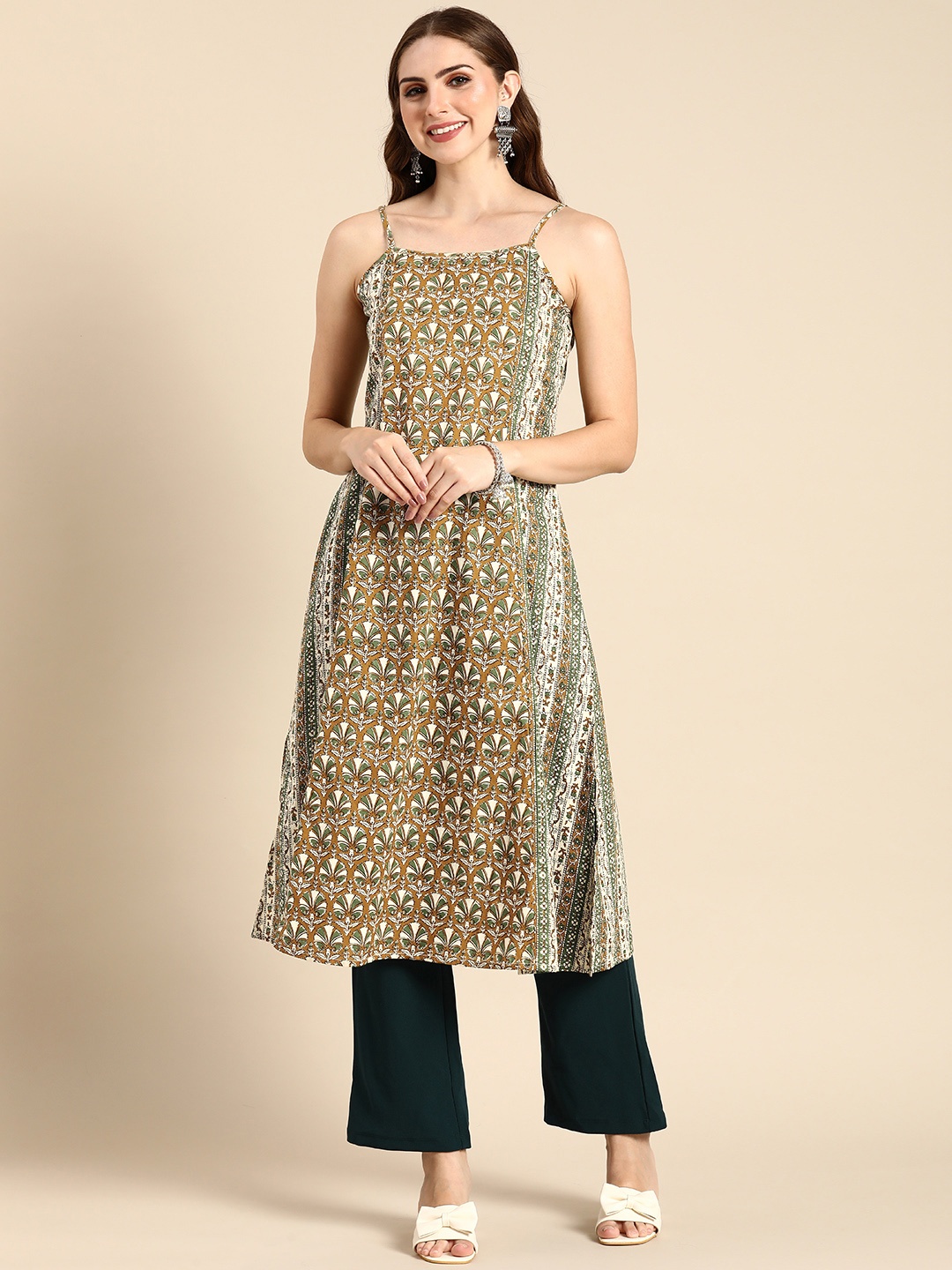 

Anouk Pure Cotton Shoulder Straps Ethnic Motifs Printed A-Line Calf Length Flared Kurta, Khaki