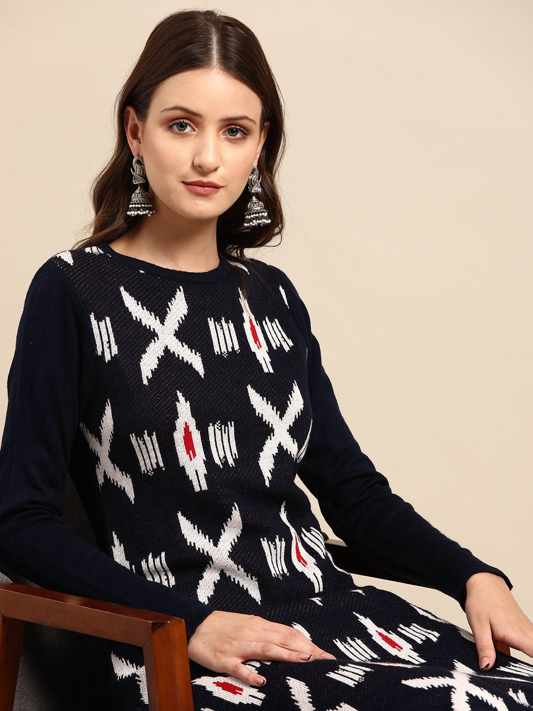 

Anouk Women Navy Blue & White Winter Kurta
