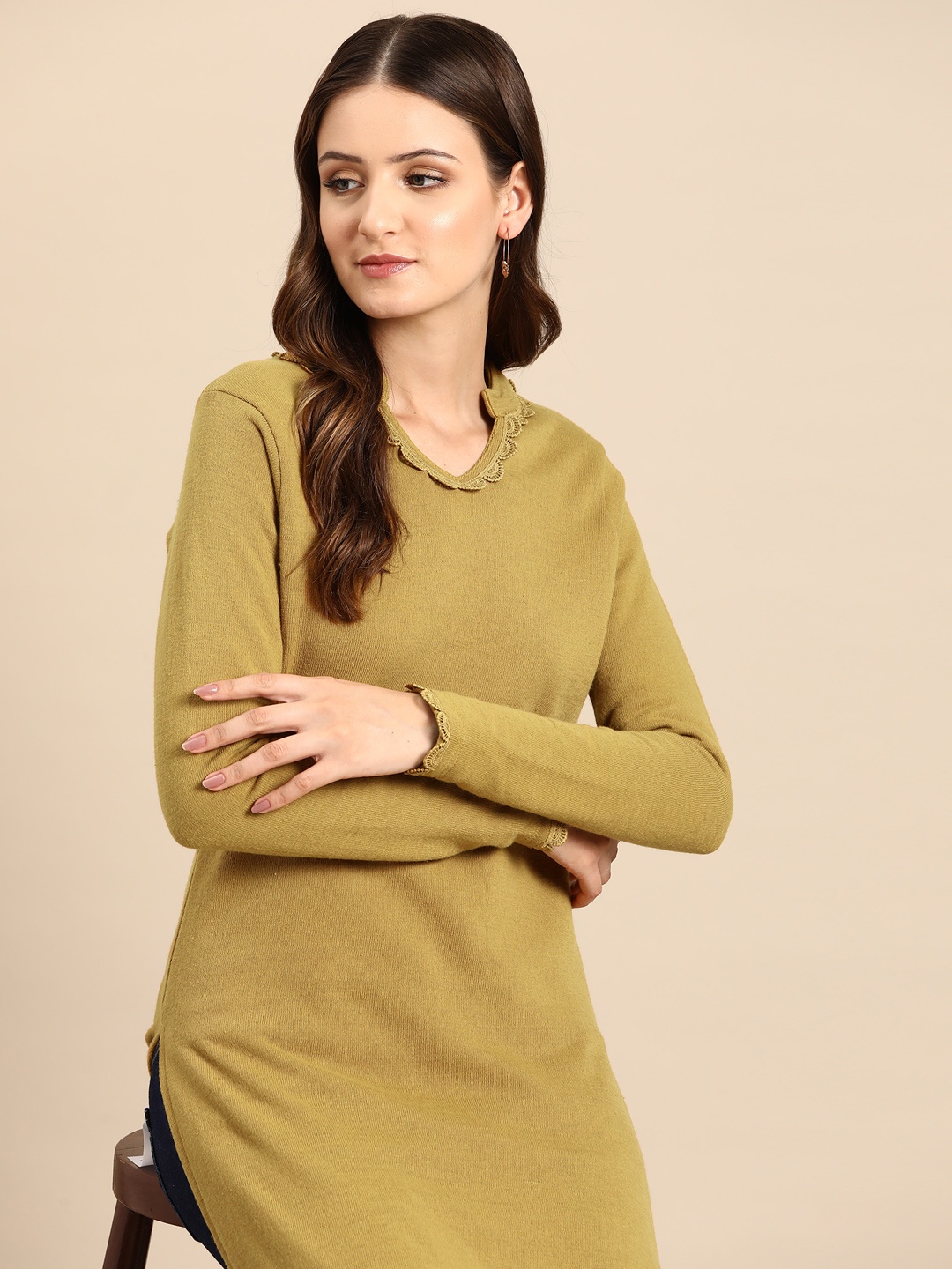 

Anouk Lace Inserted Acrylic Winter Kurta, Mustard