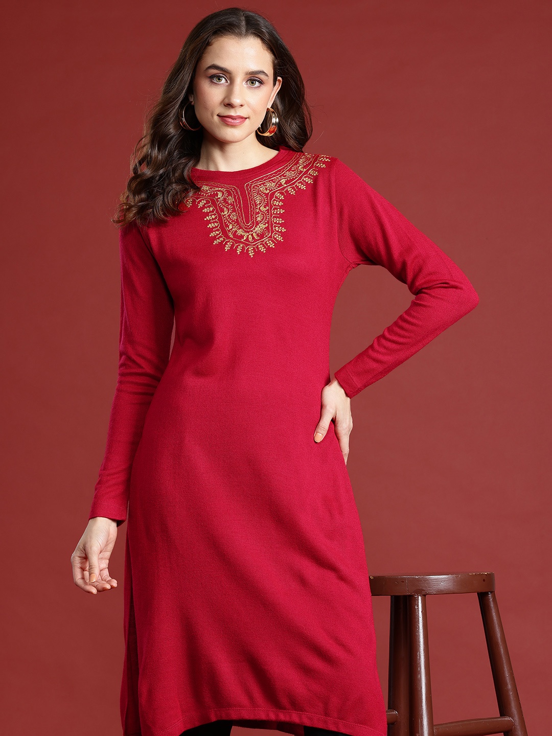 

Anouk Ethnic Motifs Zari Yoke Design Winter Kurta, Red